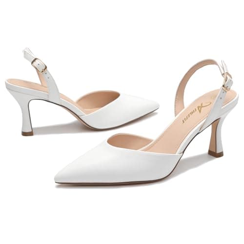 Athlefit Closed Pointed Toe Kitten Heels for Women Dress Work Wedding Party Slingback Stiletto Pumps Shoes White, Size 8.5, SAPU2606W - Thumbnail 5