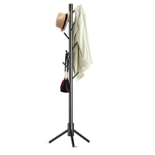 Aliphon Wooden Coat Rack Stand, Freestanding Coat Rack with 8 Hooks, 3 Adjustable Size Coat Tree for Hats, Coats, Scarves bags, Coat Hanger Stand Used in Bedroom/Office/Entryway (Black) - Image 1