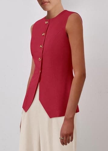 KIRUNDO Vest Tops for Women Trendy Dressy Business Casual Outfits 2026 Summer Sleeveless Fitted Blazer Work Suit Waistcoat(Red, Medium) - Thumbnail 5