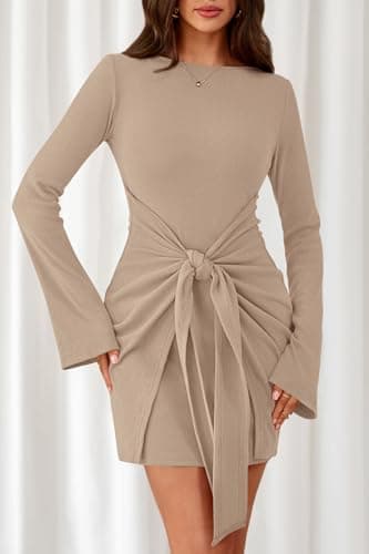 dowerme Women's Casual Mini Dress 2026 Bell Long Sleeve Boat Neck Tie Waist Bodycon Dresses Knitted Party Fall Outfits(Khaki,XX-Large) - Thumbnail 6