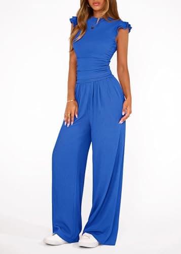 KIRUNDO Two Piece Sets For Women Dressy 2026 Summer Cap Sleeve Cute Tops Wide Leg Pants Spring Matching Set Vacation Outfits(Blue, X-Large) - Thumbnail 4