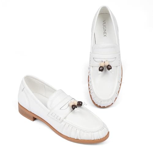 VIUGJNEX Flats Shoes Women Dressy Comfortable White Penny Loafers for Women Ruched Toe Womens Moccasins Beaded Slip on Leather Loafers Womens Office Cusal Walking Shoes Size 6.5 - Thumbnail 6