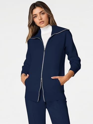 COCOMARTS Womens Crewneck Sweatshirts Zip Up Hoodies Casual Jacket with Pockets 2025 Fall Winter Fahsion Outfits Clothes Navy Blue Medium - Thumbnail 2