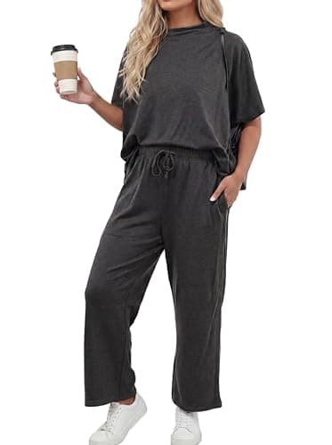 PrinStory Womens Lounge Set Summer 2 Piece Outfits Pullover Top and Wide Leg Pants Matching Sets 2026 Dark Gray-S - Image 1