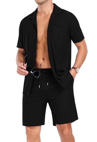 PrinStory Mens Short Sleeve Outfits 2 Piece Summer Beach Button Down Shirts and Shorts Set Tracksuit with Pockets Black-2XL - Thumbnail 2