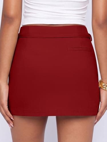 Caracilia Womens Zip Up Mini Skirt with Belt,Red,L - Thumbnail 6