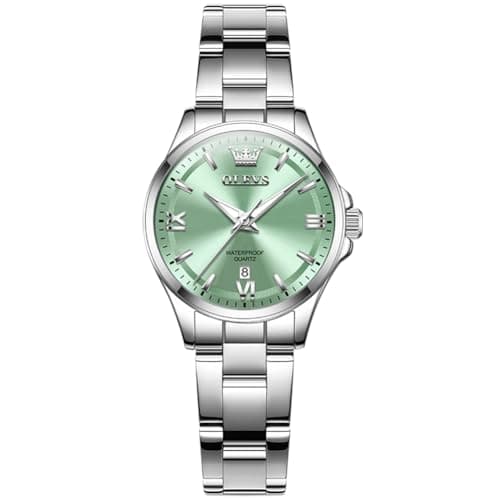 OLEVS Watch Women Green Face Silver Stainless Steel Waterproof Dress Watches for Women Quartz Fancy Dainty Elegant Luxury Fashion Luminous Ladies Watch for Small Wrist Reloj para Mujer - Image 1