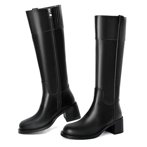 Reitoye Knee High Black Boots Women Round Toe Chunky Block Heeled Boots Side Zipper Tall Gogo Boots Shoes Size 9.5 - Image 1