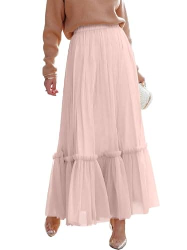 ANRABESS Maxi Skirts for Women Tulle Long Tiered Elastic High Waisted A Line Flowy Dressy Casual Skirt 2026 Fall Trendy Light Pink X-Large - Image 1