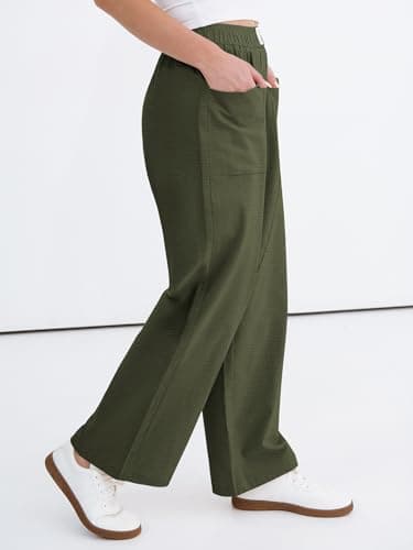 ANRABESS Womens Casual Pants 2026 Summer Loose Fit Lounge Pants with Pockets High Waisted Elastic Waist Straight Leg Trousers Army Green S - Thumbnail 3