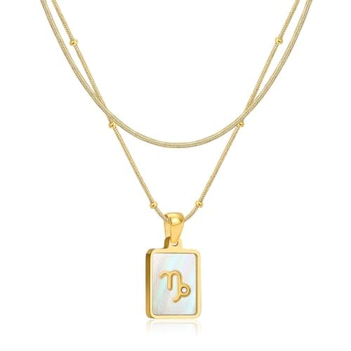 LETFLY Capricorn Zodiac Gold Necklace Stack for Women, 18K Gold Plated Square Shaped Pendant with Adjustable Layered Snake Chain for Women Jewelry Gifts - Image 1