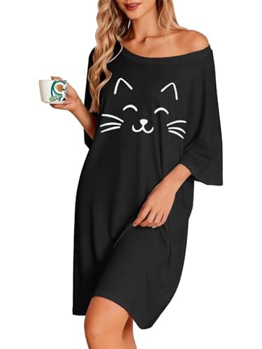 BLANCHES Plus Size Nightgowns for Women Sleeping Night Shirts Short Sleeve Sleep Shirt Printed Sleepwear Loungewear Soft Print Nightshirts A-black - Thumbnail 4