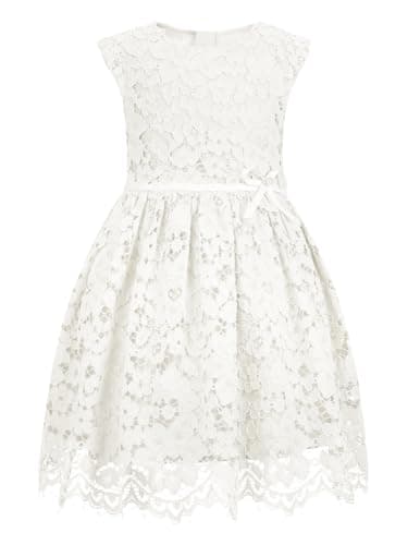 ALLOVIN Girls & Toddlers Sleeveless A-Line Lace Party Dress Birthday Wedding & Flower Girl Dress with Beaded Bowknot | Off-White | 11-12Y