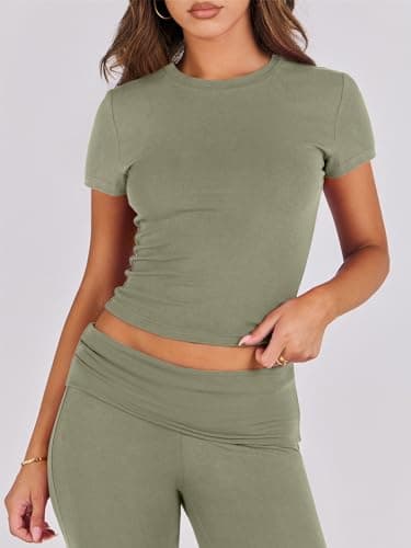ANRABESS Lounge Sets for Women 2 Piece Foldover Yoga Flare Leggings Pants Crop Tops Casual Y2K Outfits Matching Tracksuit Set Olive Medium - Thumbnail 5