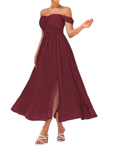 GRACE KARIN Summer Wine Red Dress for Women 2026,Off the Shoulder Smocked Bridesmaid Dresses,Formal Baby Shower Maxi Dresses L - Image 1