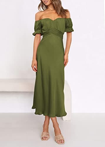 KIRUNDO Women's 2026 Spring Summer Satin Wedding Guest Midi Dress Off The Shoulder Wrap Party Cocktail Formal Prom Dresses(Army Green, Small) - Thumbnail 2