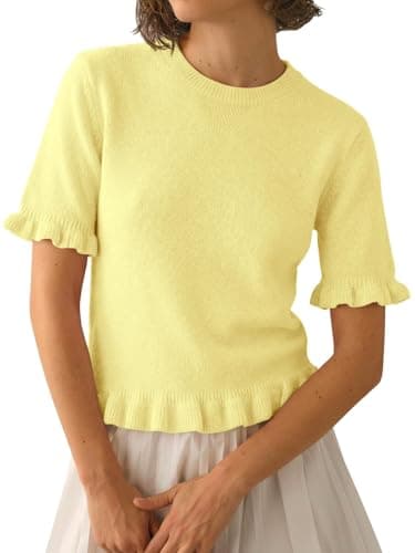 Tankaneo Womens Summer Short Sleeve Cropped Sweaters Spring Lightweight Knit Peplum Tops Dressy Casual Fashion Sweater Yellow - Image 1