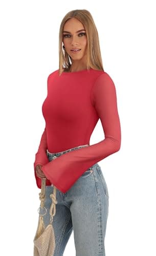 REORIA Women’s Fashion Sexy Boat Neck Classy Bell Sleeve Double Lined Sheer Mesh Cute Night Out Bodysuit Tops For Party Red XX-Large - Thumbnail 5