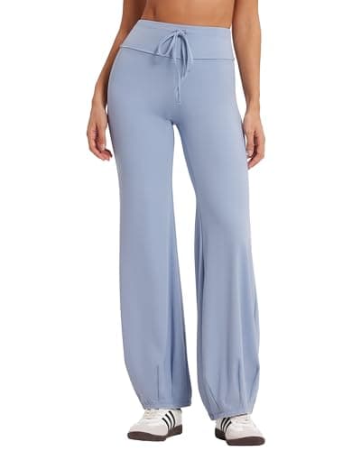 MOOSLOVER Women Bubble Yoga Pants Drawstring Fold Over Flare Leggings Pilates Casual Lounge Pant(L,Blue) - Image 1