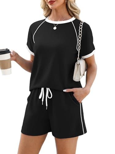 Casly Lamiit Womens Summer Sets 2026 Vacation Outfits Casual Short Sleeve Shirt Drawstring Workout Sets with Pockets Black L - Thumbnail 2