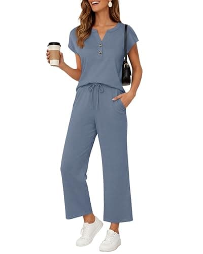 JINKESI Two Piece Sets for Women Summer Outfits Lounge Sets V-neck Tops Wide Leg Pants Vacation Travel Casual Outfit Denim Blue-XL - Image 1