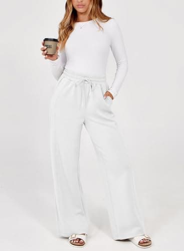 Dokotoo Women's Pants Elastic Waisted Loose Straight Leg Stretch Palazzo Pants Fall Business Casual Ladies Pants White - Thumbnail 2