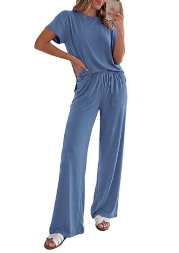 PRETTYGARDEN Women's 2026 Summer 2 Piece Matching Lounge Sets Short Sleeve Shirts Tops Wide Leg Pants Travel Airport Outfits (Blue,Large) - Image 1