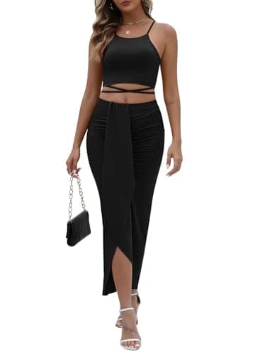 HUUSA Women's Slit Bodycon Maxi Skirt Sets Crewneck Sleeveless Tank Shirt Tops 2 Piece Ruched High Waisted Skirt Bottom Black M - Image 1