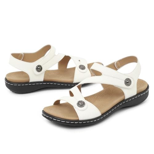 Goldnut Flat White Sandals For Women Dressy, Ankle Strap Arch Support White Walking Comfortable Flats Open Toe Orthopedic Sandalias US Size 8.5 - Thumbnail 6