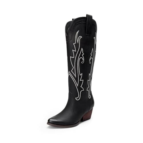 DREAM PAIRS Womens Cowboy Knee High Boots Comfortable Pull On Side Zipper Chunky Heel Embroidered Western Cowgirl Boots Retro Tall Boot,Size 12,Black,DWUMKB2501 - Image 1