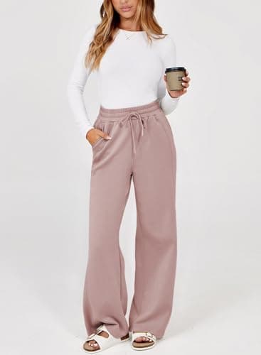 Dokotoo Womens Pants Fall Business Casual Palazzo Pants for Women Elastic Waisted Loose Straight Leg Ladies Trendy Pants Dusty Pink - Thumbnail 5