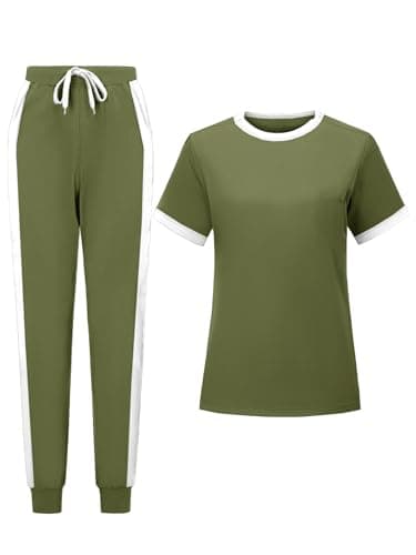 KBKBSN Women 2 Piece Outfits 2026 Summer Casual Sweatsuits Short Sleeve Top Lounge Sets Long Pants Tracksuits Set with Pocket Armygreen S - Thumbnail 5