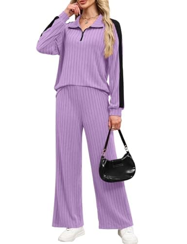JUSTFASHIONNOW Womens Sweatsuits 2 Piece Set Two Piece Travel Outfits Half Zip Sweatsuits Long Sleeve Sweatshirt Wide Leg Pants Soft Lounge Sets Winter Tracksuit (Purple, Large) - Thumbnail 5