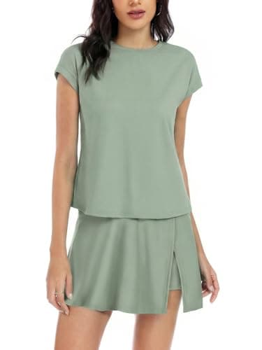 YOINS Summer 2 Piece Outfits for Women Short Skirt Sets Casual Workout Short Sleeve Tshirt and Skorts Matching Sets Light Green XXL - Image 1