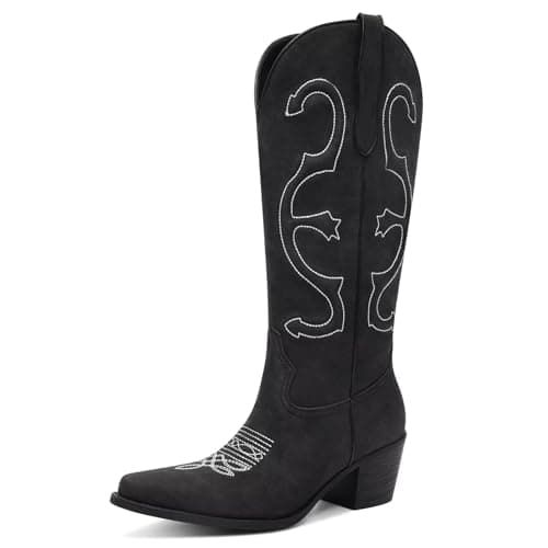 GPXGPX Cowgirl Boots Women Embroidered Black Cowboy Boots Mid Calf, Pointed Toe Chunky Block Heel Pull On Western Boots 11 - Image 1