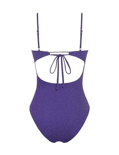 ZAFUL Women's One-Piece Swimsuit Glitter Cut Out Bathing Suit Shiny Tummy Control Tie Back Sexy Monokini Swimwear Purple M - Thumbnail 4