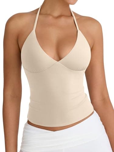 PINKMSTYLE Women's Sexy Halter Backless Double Lined Tank Top V Neck Sleeveless Camisole Shirts Date Night Outfit Beige Large - Image 1