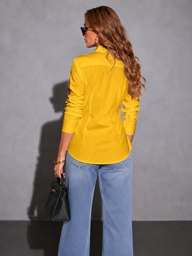 BBIBBI Button Down Shirts for Women Shirt Blouse Long Sleeve Up Womens Work Tops Blouses Outfits Office Business Casual Golden Yellow Size XL - Thumbnail 3