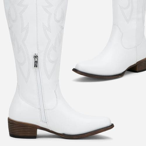 Jeossy Women's White Cowboy Boots Embroided Western Cowgirl Boots Square Toe Knee High Pull on Wide Calf Shoes with Inside Zipper Size 9.5 (DJY9809 white 09.5) - Thumbnail 5