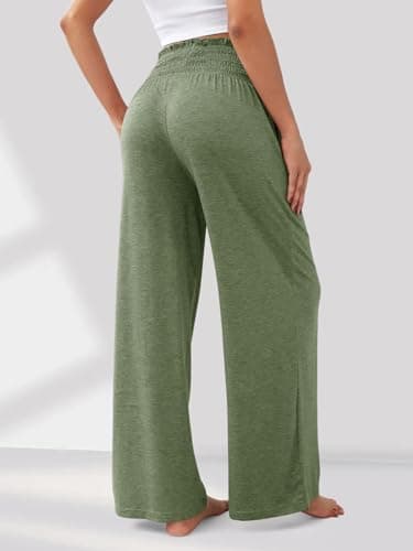 GEMLON Womens Pants High Waisted Palazzo Pants Wide Leg Long Pant Casual Lounge Trousers with Pocket(Green,S) - Thumbnail 2
