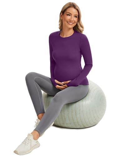 MathCat Maternity Long Sleeve Shirt with Thumbleholes,Pregnancy Casual Tops Athletic Yoga Maternity Shirts Purple - Thumbnail 6