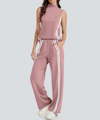 Casly Lamiit Womens 2 Piece Lounge Sets Casual Travel Outfits Sweat Suit Active Mock Neck Tank Tops Track Pants Matching Airport Clothes Dark Pink L - Thumbnail 4