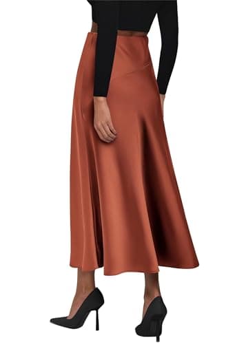 KIRUNDO Women Spring Summer Satin Maxi Skirt 2026 Trendy High Waisted Wedding Cocktail Party Work Silk A-Line Formal Skirts(Brown, Small) - Thumbnail 2