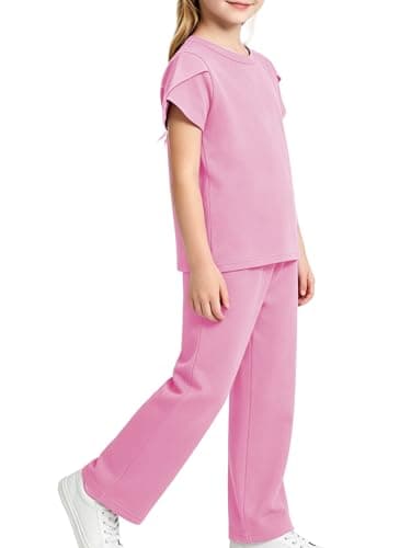 LUCKYLI Girls Clothes Summer 2 Piece Outfits Short Petal Sleeve Tops and Long Pants Kids Fashion Clothing Sets 4-12Y (Light Pink, 7-8Y) - Image 1