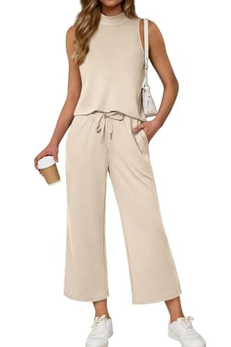 ATHMILE Two Piece Sets for Women Spring Summer Outfits Lounge Travel Mock Neck Drawstring Wide Leg Pants Tops Beach Vacation - Image 1