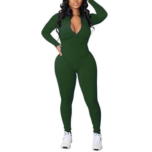 Wcuvbv One Piece Jumpsuits for Women Sexy Zip Up Bodycon Long Sleeve Ribbed Long Pants Romper Outfits Deep Green L - Image 1