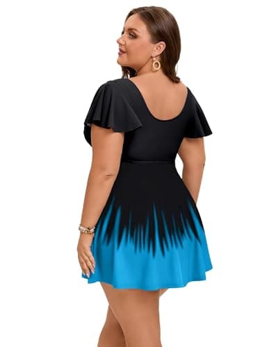 Arolina Modest Swimsuits for Women Full Coverage Tankini Bathing Suit Curvy Swim Dress Swimwear with Shorts Medium Black Lake Blue - Thumbnail 2