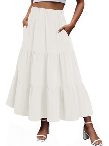 Magritta Women's Boho Floral Maxi Skirt Elastic High Waist A-Line Flowy with Side Pockets White Small - Image 1
