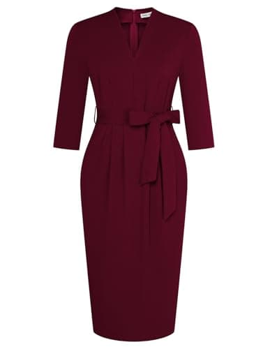 GRACE KARIN Women's Wear to Work Dresses V Neck 3/4 Sleeve Dress for Women Burgundy Cocktail Dress Semi Formal Dresses for Women with Belt S - Image 1