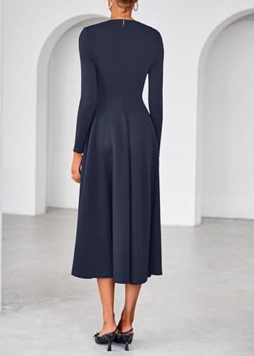 Lazysmile Long Sleeve Fall Dresses for Women Square Neck A Line Flowy Casual Elegant Wedding Guest Party Maxi Dress Navy - Thumbnail 2